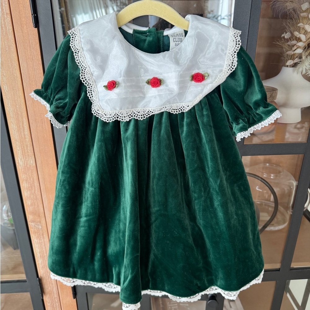 Vintage 80s velvet dress puff sleeve roses embroidered eyelet bib collar toddler